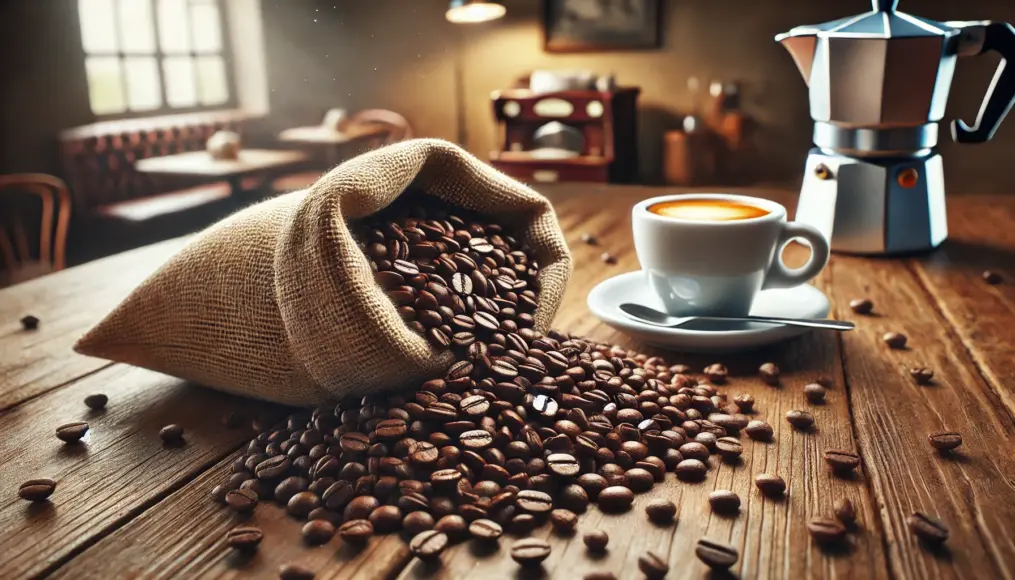 A photo showing Colombian coffee beans spilling out of a bag onto a table, with an espresso cup in the background.