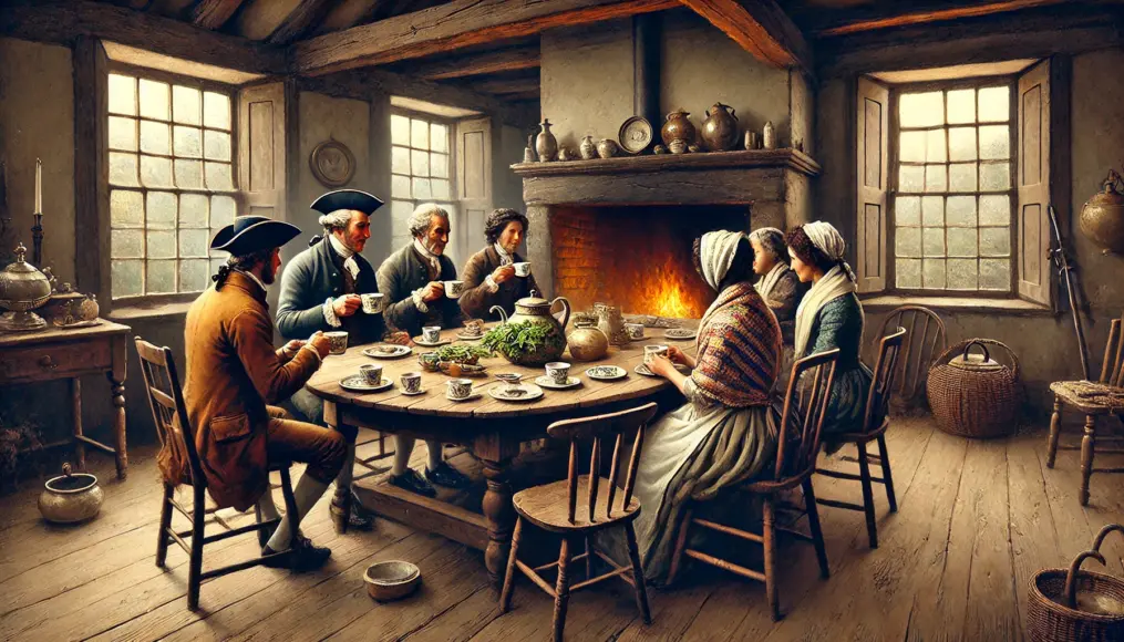 Colonial families drinking herbal tea and coffee at their dinner table instead of taxed tea