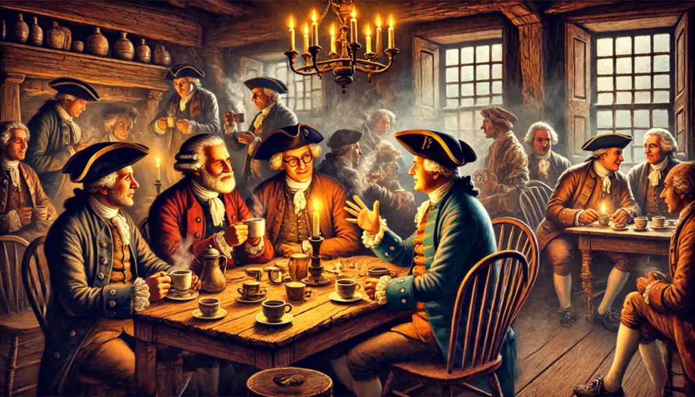 A colonial-era coffeehouse where merchants and intellectuals discuss political ideas over coffee