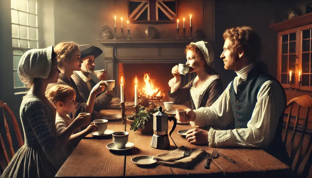 Colonial families drinking coffee instead of British tea, expressing their support for independence