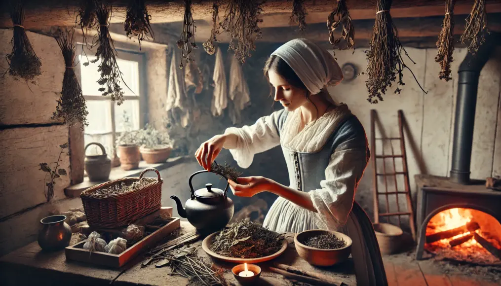 A woman preparing homemade herbal tea, promoting self-sufficiency in the colonies