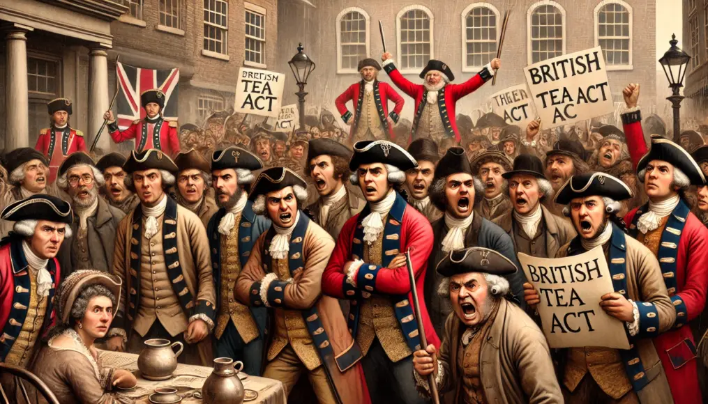 Angry colonial merchants protesting against the Tea Act, frustrated over their lost business