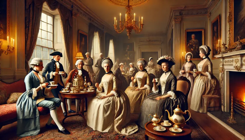 Affluent colonial residents enjoying tea with an elegant tea set, replicating British aristocratic culture