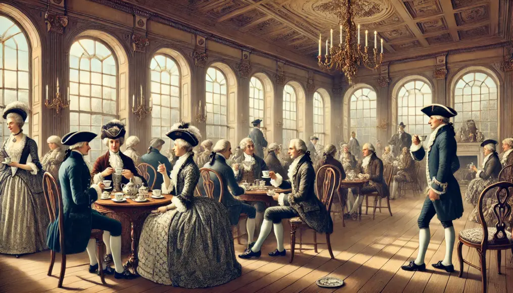 A colonial-era tea room in the 18th century, where elegantly dressed people are enjoying tea