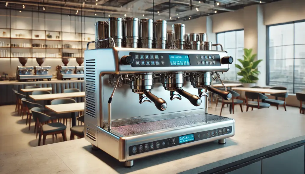 Advanced models of commercial espresso machines. A large stainless-steel machine with multiple spouts and neatly arranged buttons.