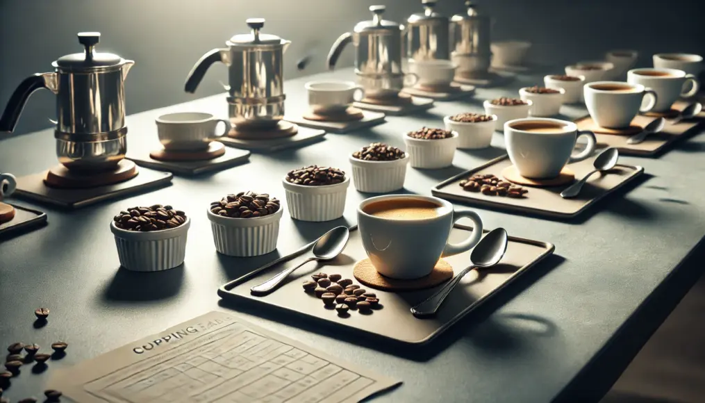 A cupping table set up for analyzing evaluation standards, featuring neatly arranged coffee cups, spoons, and beans, realistically displayed.