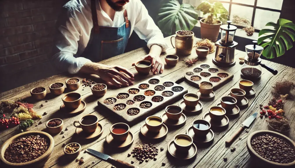 A cupping table set up with multiple cups while a barista evaluates different blends.