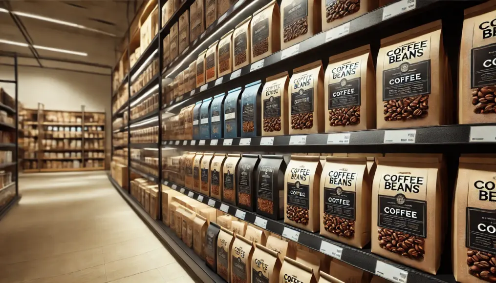 Shelves displaying coffee beans suitable for everyday use