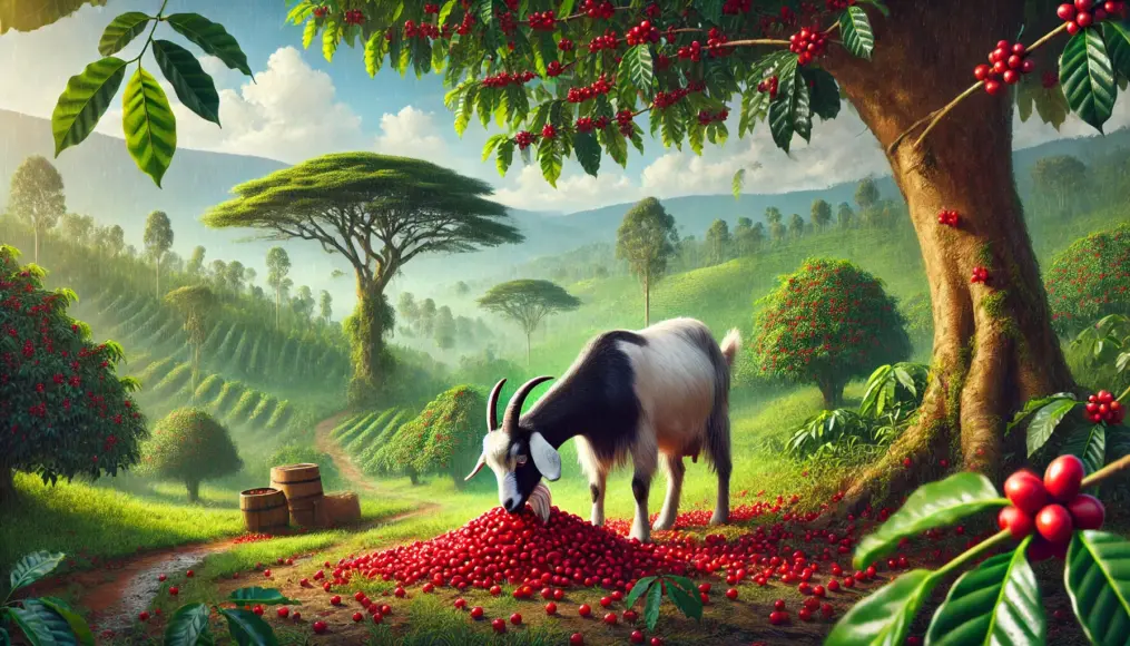 An illustration of goats eating red coffee cherries and dancing