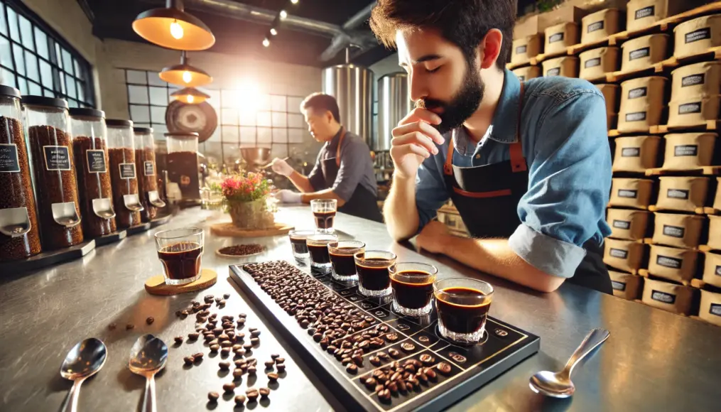 A barista evaluating the flavor balance of a dark and medium roast blend at a cupping session