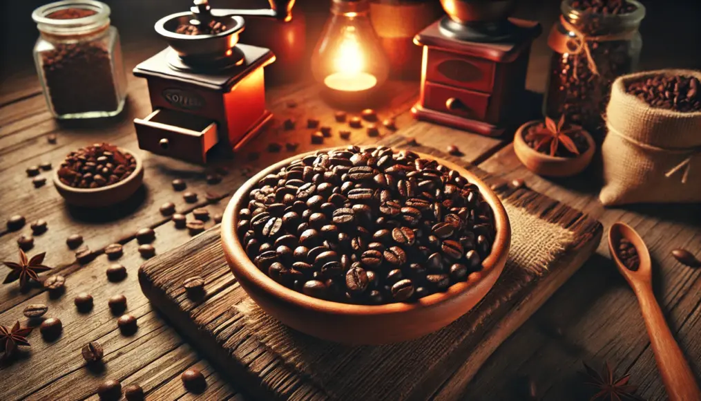 Photo of richly dark-roasted coffee beans illuminated warmly