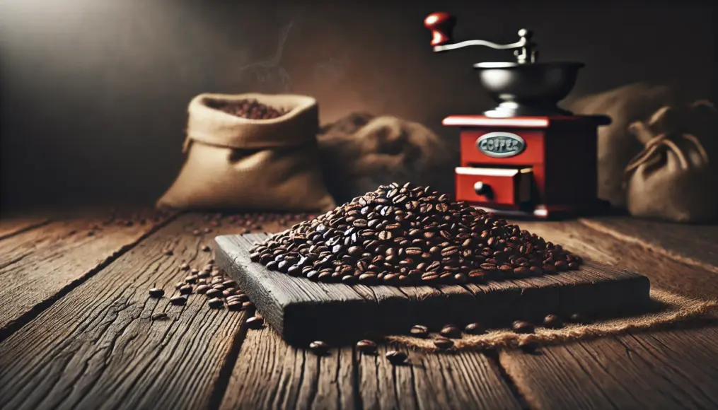 Dark roast coffee beans on a table