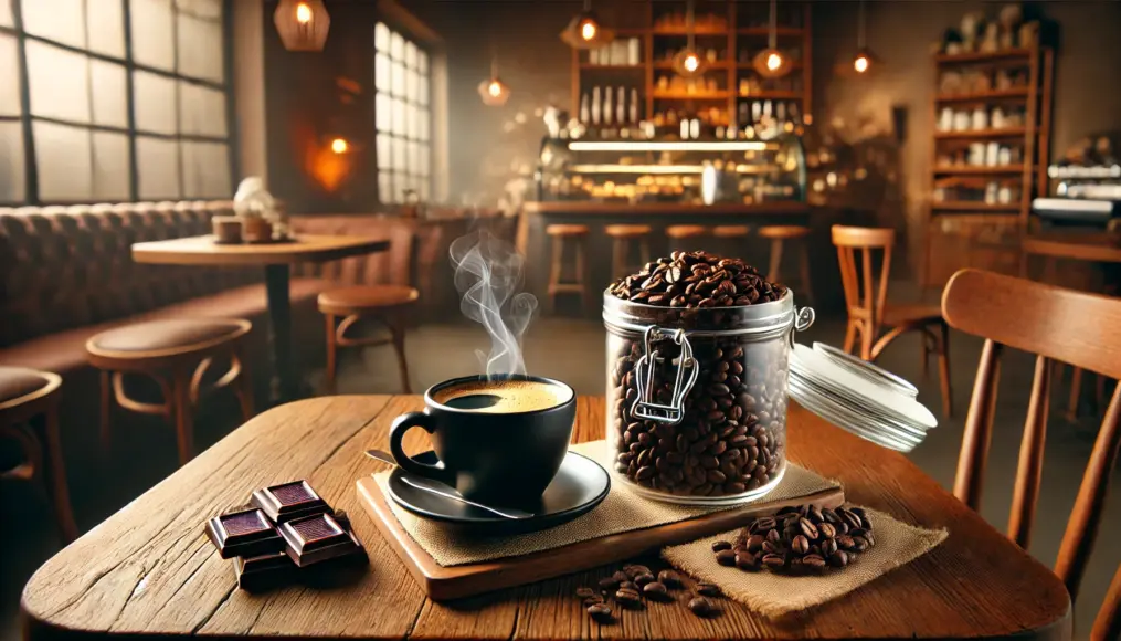 A setup for enjoying dark roast coffee  On a wooden table, there is a coffee cup, an airtight container filled with dark roast beans, chocolate, and nuts  The background features a cozy café with warm lighting