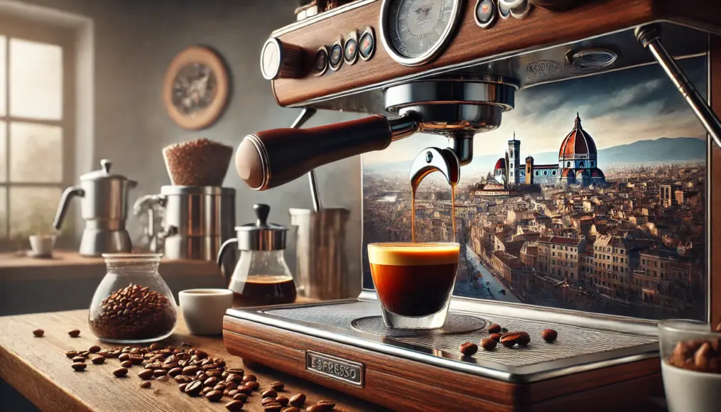 A photo showcasing the charm of dark roast coffee for espresso. An espresso machine pouring a rich, crema-topped shot of espresso.