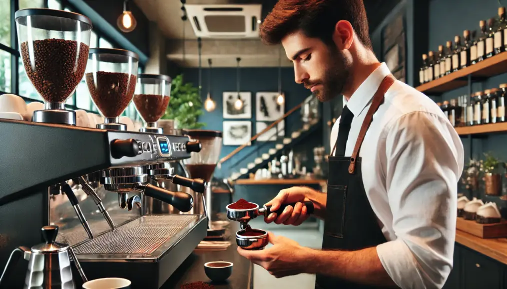 Dark-roasted coffee beans being ground and prepared for an espresso machine