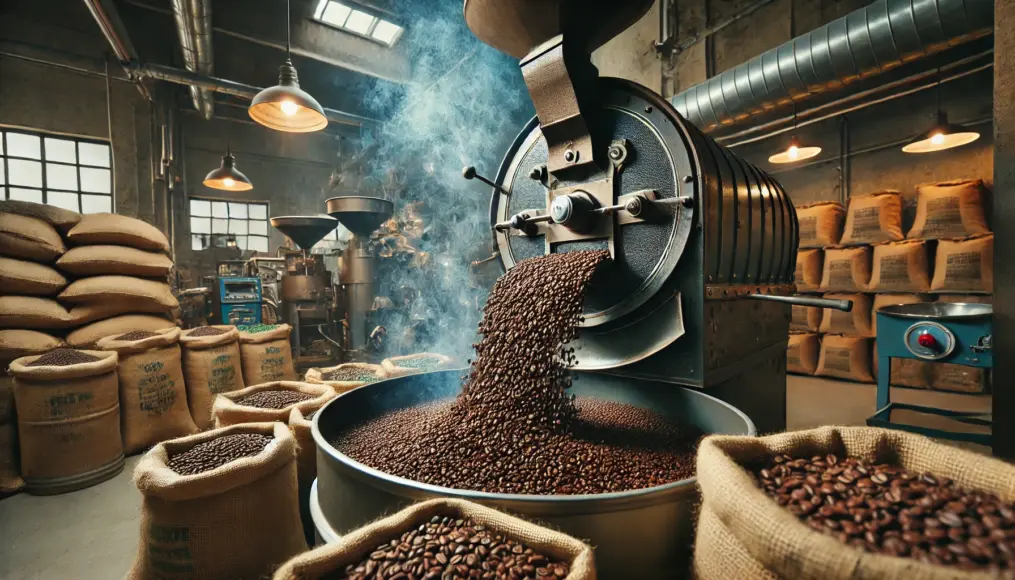 Dark-roasted coffee beans being discharged from a roasting machine at a roasting facility, releasing a smoky aroma