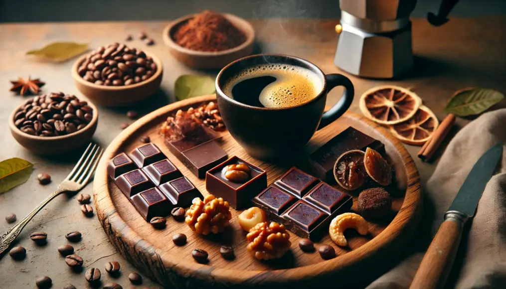 Dark roast coffee with complementary chocolates and nuts  A wooden plate holds dark chocolate, roasted nuts, and caramel sweets, next to a steaming coffee cup