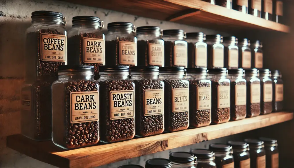 Airtight containers for storing dark roast coffee beans  Glass jars filled with dark roast beans are neatly arranged on a wooden shelf, each labeled with the roasting date