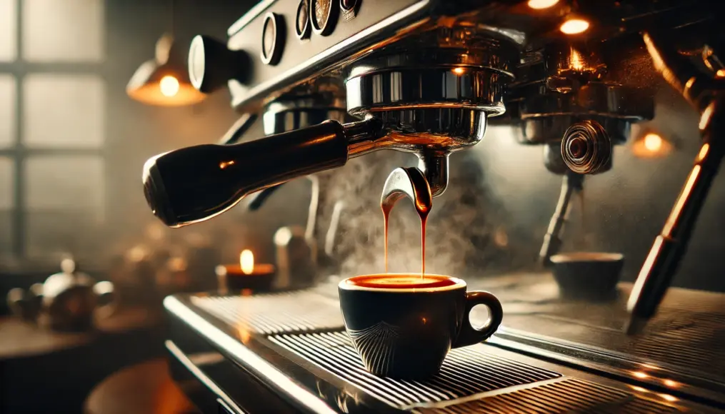 Dark roast coffee being extracted from an espresso machine, with thick crema forming on top and aromatic steam rising.