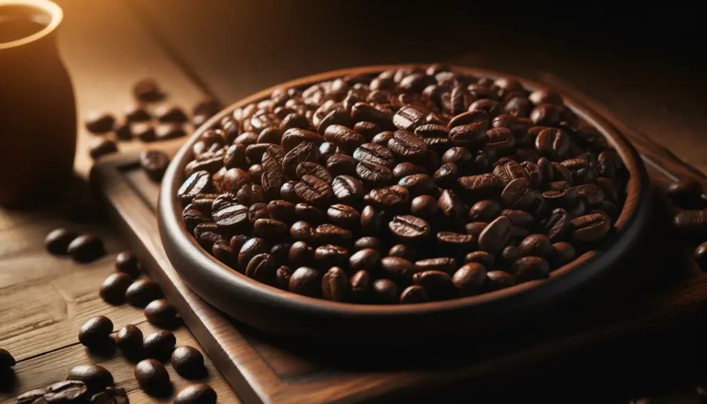 A wooden tray filled with dark roasted coffee beans, showcasing their glossy surface and rich aroma.