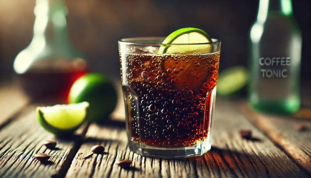 A glass of dark roast coffee tonic, with fizzy bubbles rising and a slice of lime on the rim, giving it a refreshing look.