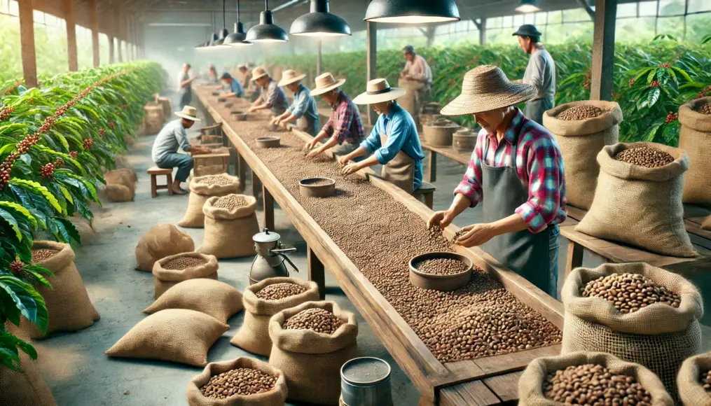 Farmers carefully handpicking defective coffee beans at a processing site, with bags of beans and a sorting table visible, realistically depicted.