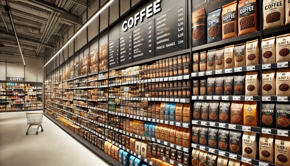 Supermarket shelves showcasing coffee beans in various price ranges