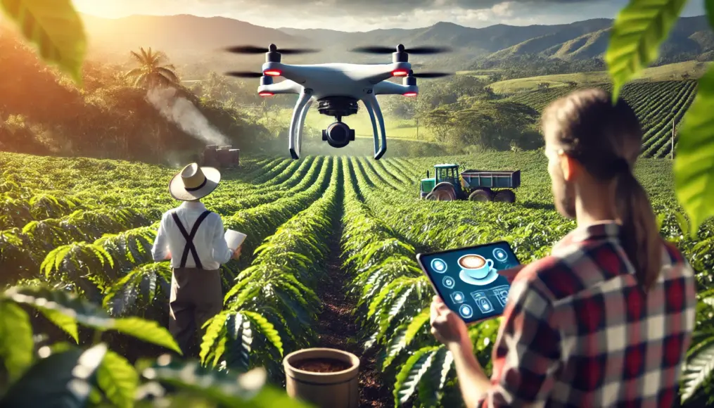 A drone monitoring the health of a coffee farm