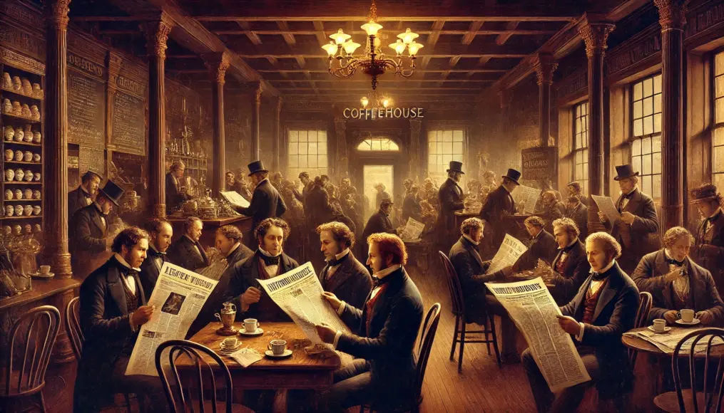 Early 19th-century American coffeehouse with people reading newspapers and debating politics