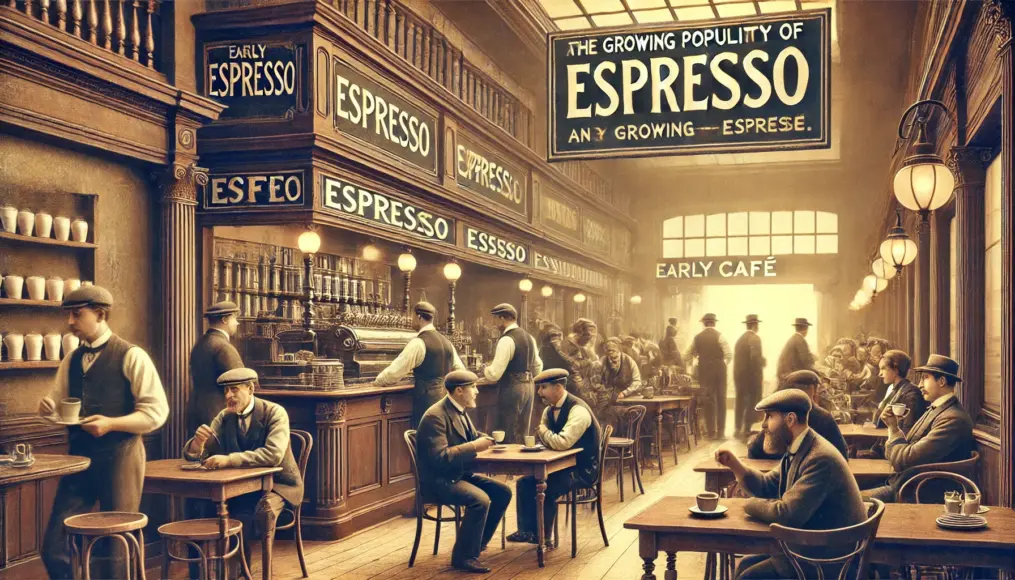 Early café scene showing the growing popularity of espresso. Patrons gather in a bustling café, enjoying their espresso.