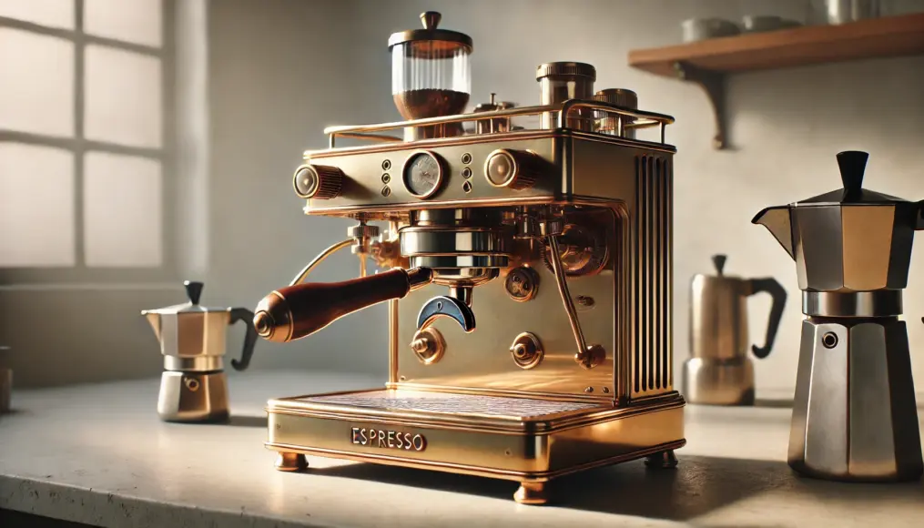 The early espresso machine invented by Luigi Bezzera. A brass and copper-bodied device with a simple, industrial design.