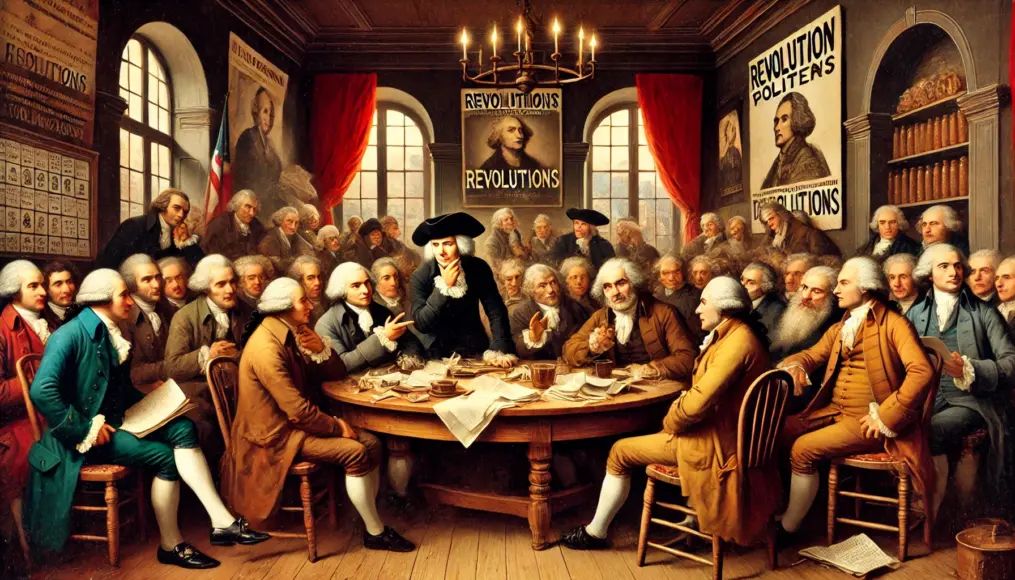 Enlightenment thinkers engaging in political debates at a café, with revolutionary posters displayed on the walls