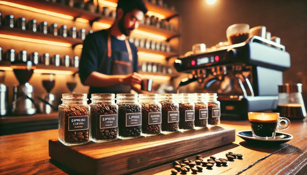 A counter displaying coffee beans for espresso, sorted by roast level in small jars. A sample espresso shot is placed beside them for tasting.