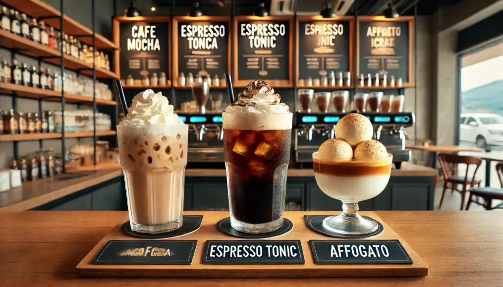 A variety of espresso-based drinks, including cafe mocha, espresso tonic, and affogato, each showcasing unique flavors.