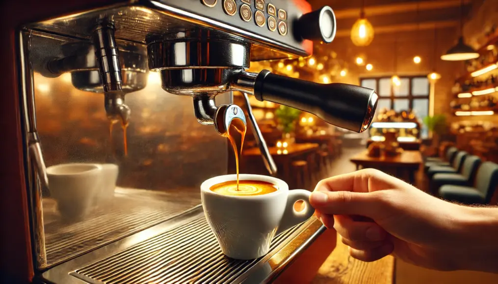 Espresso being extracted from a machine, with rich liquid flowing into the cup. A creamy crema forms on the surface.