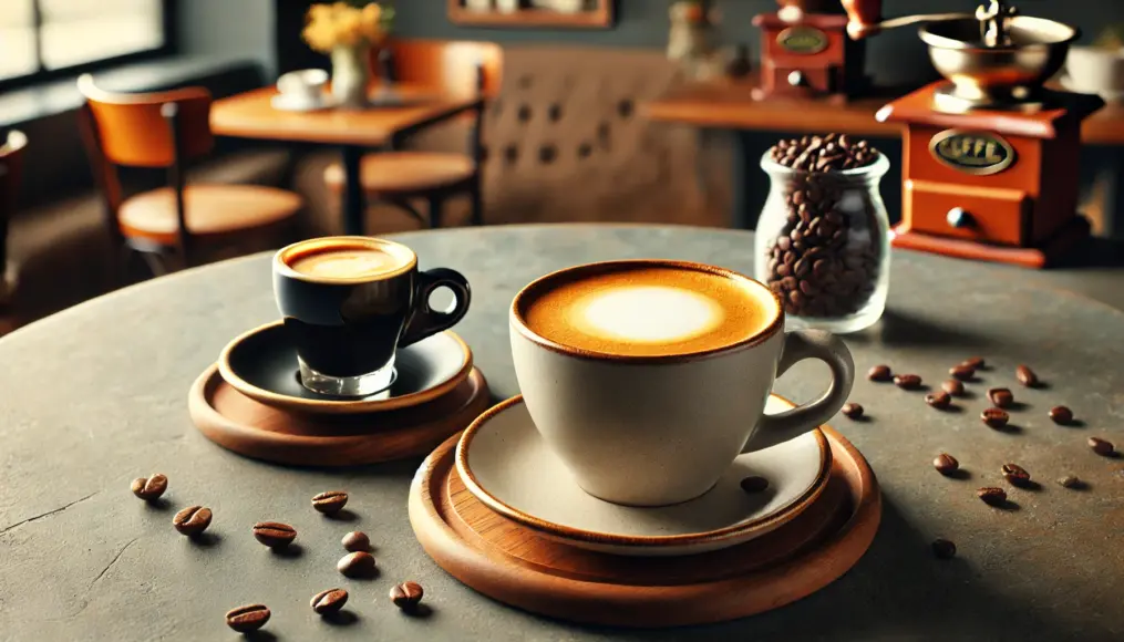 A table with espresso and café latte, surrounded by coffee beans and a relaxed café atmosphere.