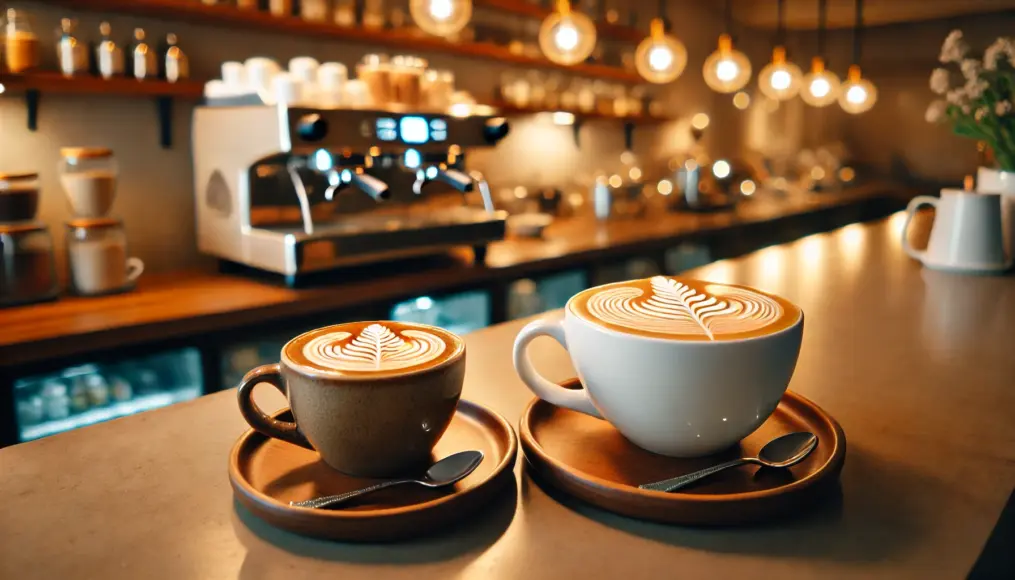 A café counter displaying a cappuccino and latte, both with beautiful latte art.