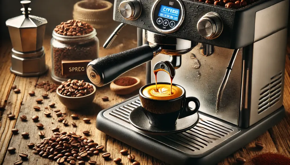 An espresso machine brewing coffee, with a thick crema forming on top. Various coffee beans are displayed beside it.