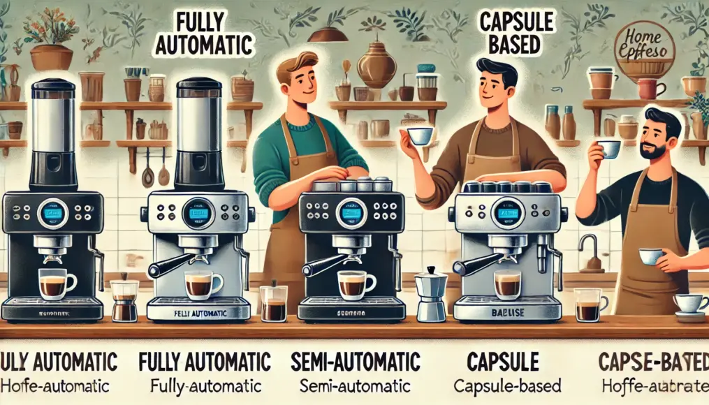 A comparison of home espresso machines: fully automatic, semi-automatic, and capsule types, with descriptions of their features.