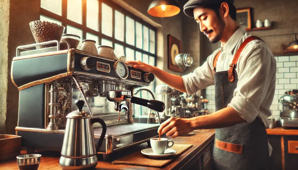 Manual espresso extraction, the inspiration for its name. A barista prepares espresso using manual brewing equipment at a café counter.