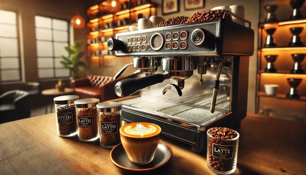 Coffee beans sorted by roast level beside an espresso machine. A latte with beautiful latte art sits nearby, highlighting milk pairing.