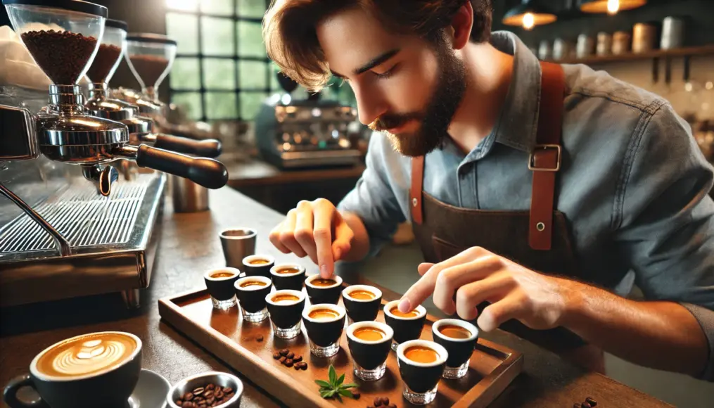 An espresso tasting set with different shots lined up, as a barista evaluates the flavors.