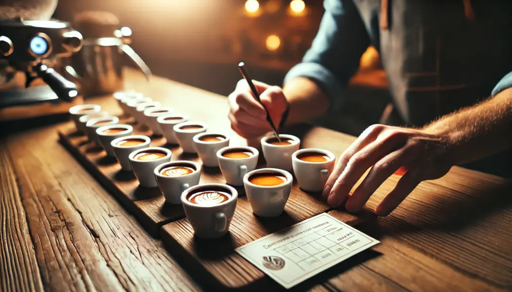 A tasting session comparing different espresso shots. A barista is evaluating the balance of bitterness and acidity.