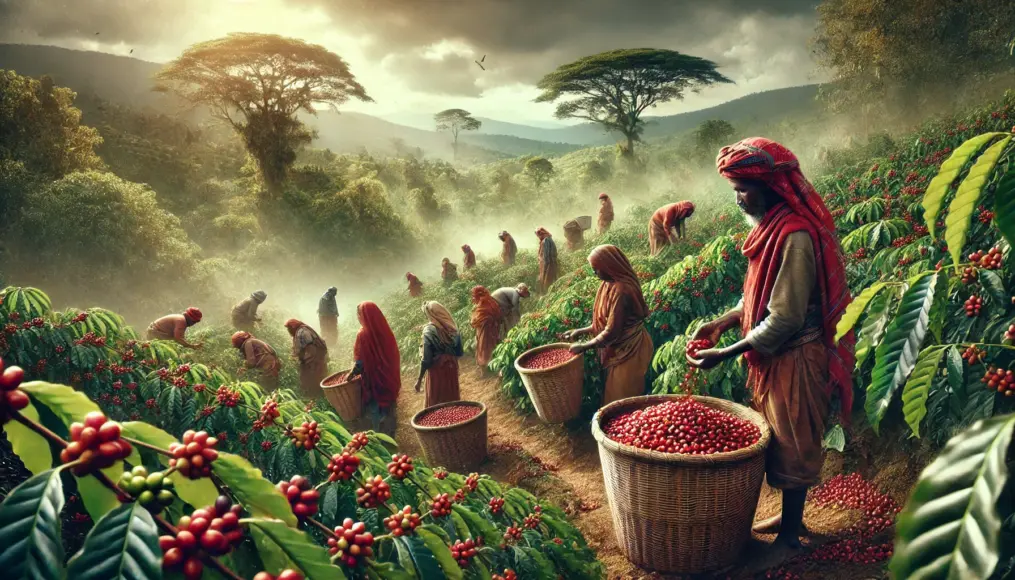 Harvesting Arabica coffee beans in Ethiopia, reflecting its traditional coffee culture