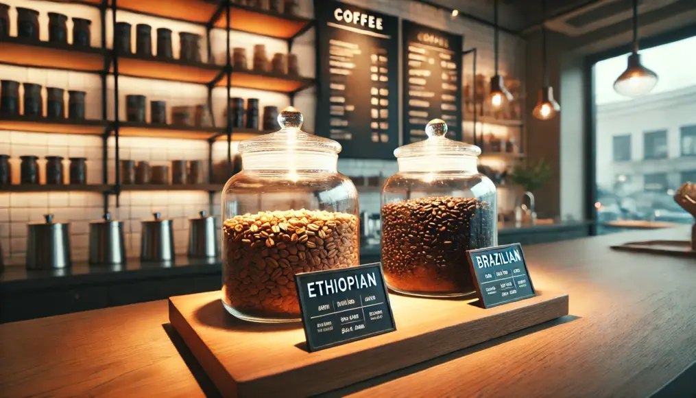 Ethiopian and Brazilian coffee beans arranged on a café counter