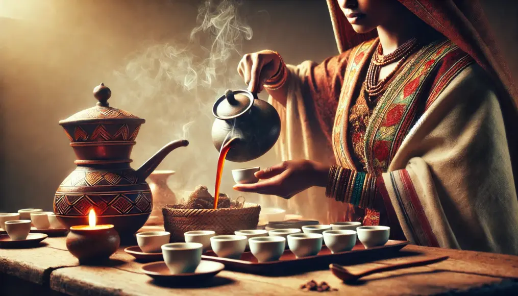 A traditional Ethiopian coffee ceremony, with coffee being poured from a clay pot into small cups.