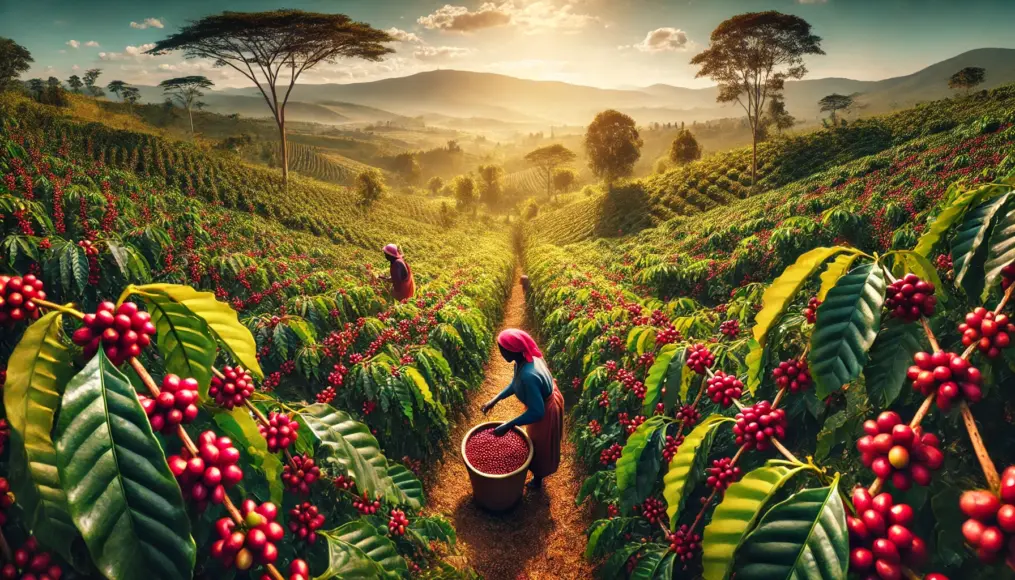 A coffee farm in Ethiopia with lush coffee plants bearing ripe red cherries, ready for harvest.