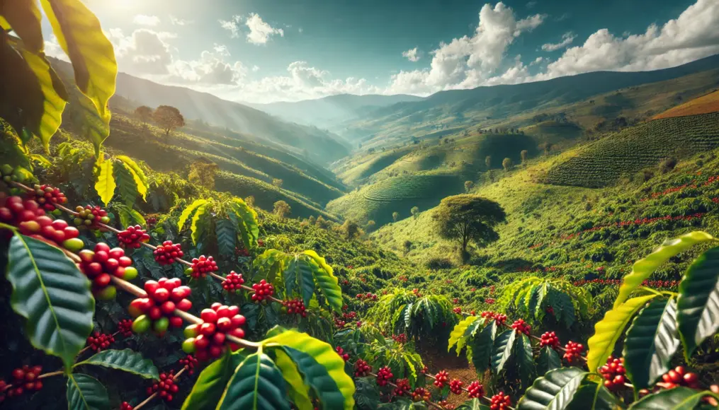 A coffee farm in Ethiopia with ripe coffee cherries hanging from the branches