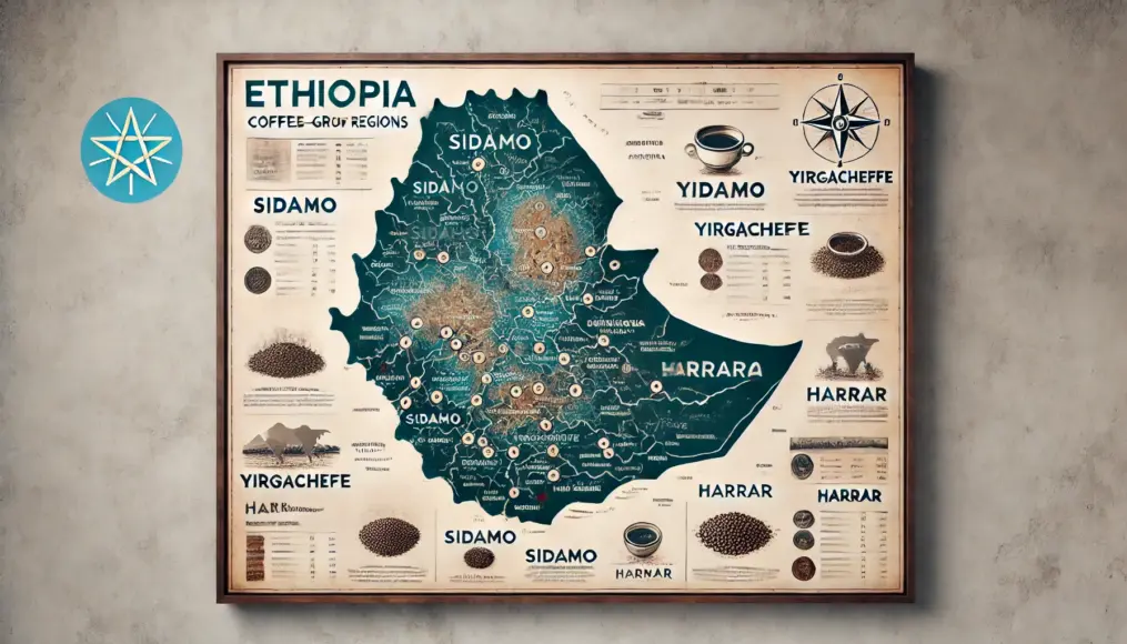 A map highlighting Ethiopia's coffee-growing regions