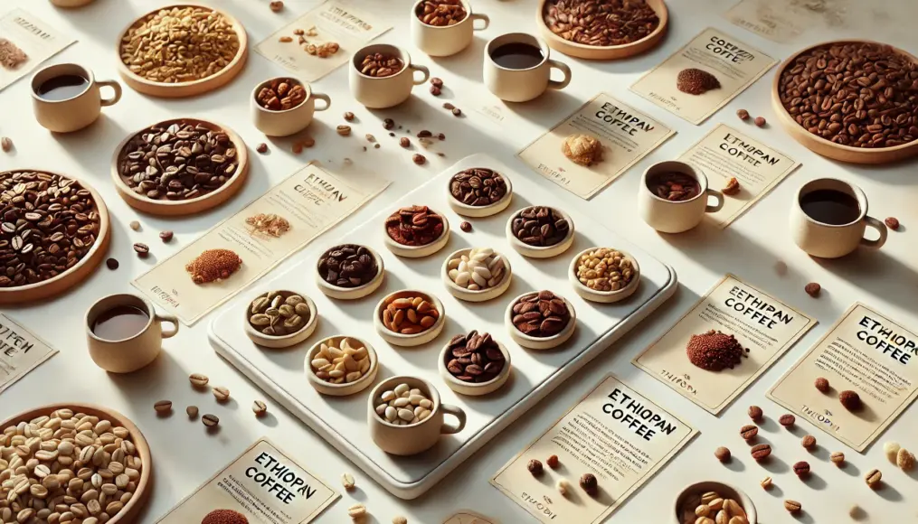 A coffee tasting set showcasing beans from various Ethiopian regions. Small plates with beans are accompanied by description cards, realistically depicted.